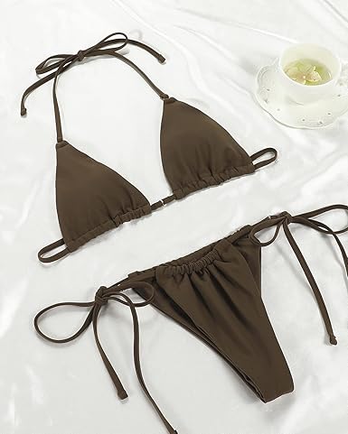 Brown Women Halter String Bikini Set Sexy Thong Cheeky Two Piece Swimsuits Solid Color Bathing Swimwear