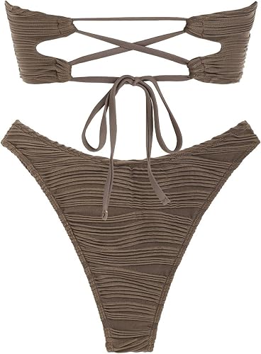 Coffee-ch Women Strapless Textured Bandeau Bikini 2 Piece Swimwear Cheeky Solid Lace up Bathing Suits