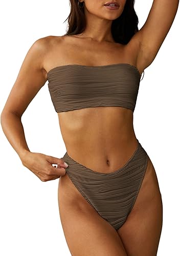 Coffee-ch Women Strapless Textured Bandeau Bikini 2 Piece Swimwear Cheeky Solid Lace up Bathing Suits