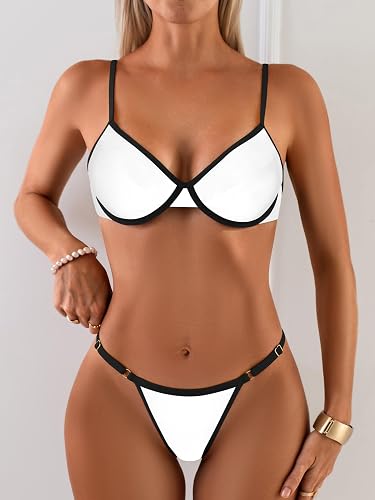 Women's Underwire Thong Bikini Set Push Up Swimsuit Contrast Binding Two Piece Bathing Suit