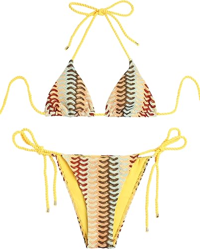 yellow Bronze 2 Piece Triangle Bikini for Women Knitted Rope Halter Bikini Sets Sexy Bathing Suit Side Tie Swimsuits Beachwear
