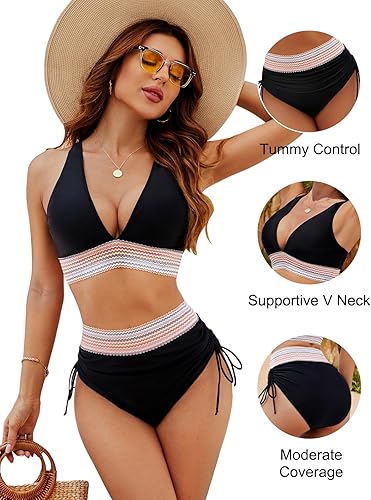 Black Women High Waisted Bikini Sets Tummy Control Swimsuits Color Block Two Piece Drawstring Bathing Suit