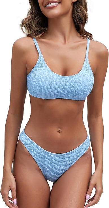 Light Blue Women's Ribbed Bikini Sets Scoop Neck Cheeky Swimsuit Textured Two Piece Bathing Suit