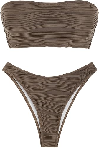 Coffee-ch Women Strapless Textured Bandeau Bikini 2 Piece Swimwear Cheeky Solid Lace up Bathing Suits