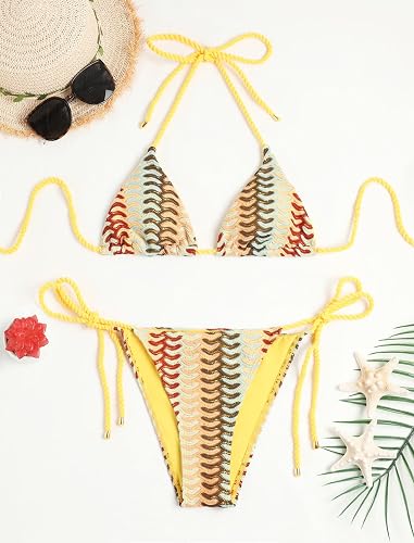 yellow Bronze 2 Piece Triangle Bikini for Women Knitted Rope Halter Bikini Sets Sexy Bathing Suit Side Tie Swimsuits Beachwear