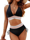 Black Women High Waisted Bikini Sets Tummy Control Swimsuits Color Block Two Piece Drawstring Bathing Suit