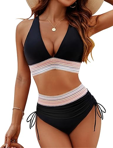 Black Women High Waisted Bikini Sets Tummy Control Swimsuits Color Block Two Piece Drawstring Bathing Suit