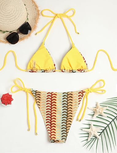 yellow Bronze 2 Piece Triangle Bikini for Women Knitted Rope Halter Bikini Sets Sexy Bathing Suit Side Tie Swimsuits Beachwear