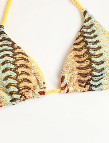 yellow Bronze 2 Piece Triangle Bikini for Women Knitted Rope Halter Bikini Sets Sexy Bathing Suit Side Tie Swimsuits Beachwear